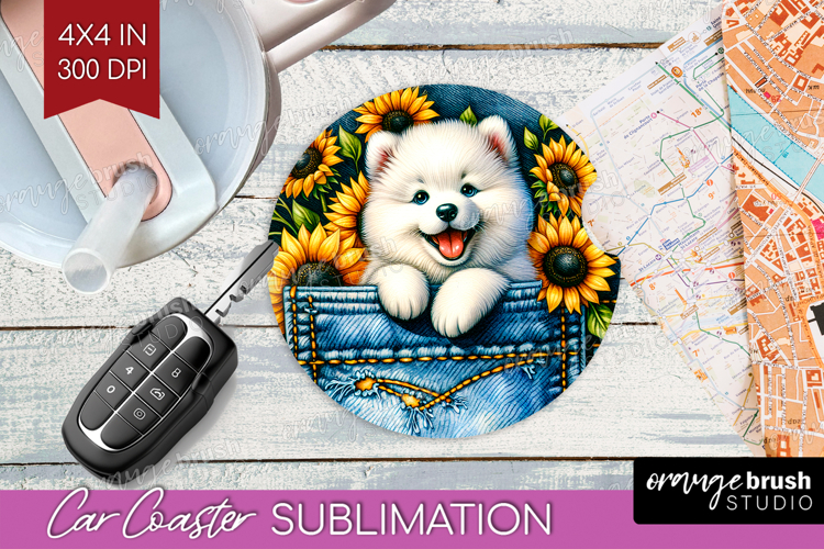 Denim Car Coaster - Dog In Pocket Coaster PNG Sublimation