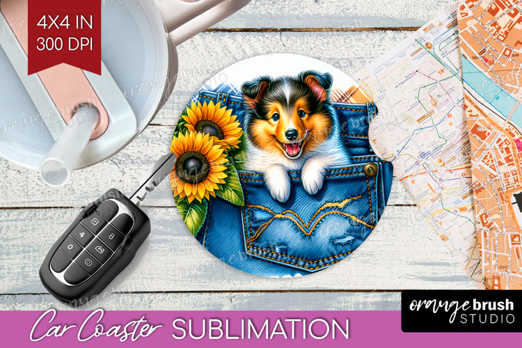 Denim Car Coaster - Dog In Pocket Coaster PNG Sublimation