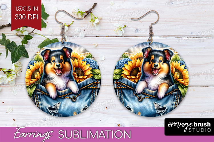 Denim Round Earrings - Dog In Pocket PNG Sublimation