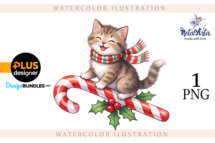 Christmas Kitten in Watercolor Style