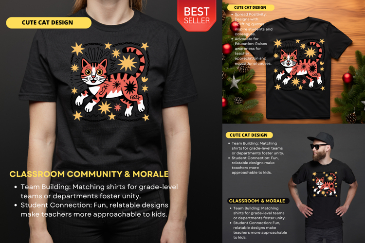 Cute Cat Teacher & Kids Design School & Holiday Fun Tee