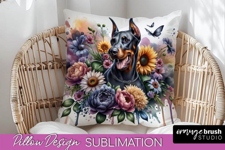 Doberman Pinscher Pillow Cover Dog Sublimation Floral PNG