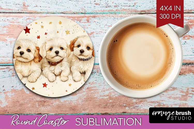 Cute Dogs Round Coaster - Puppy Coaster PNG Sublimation