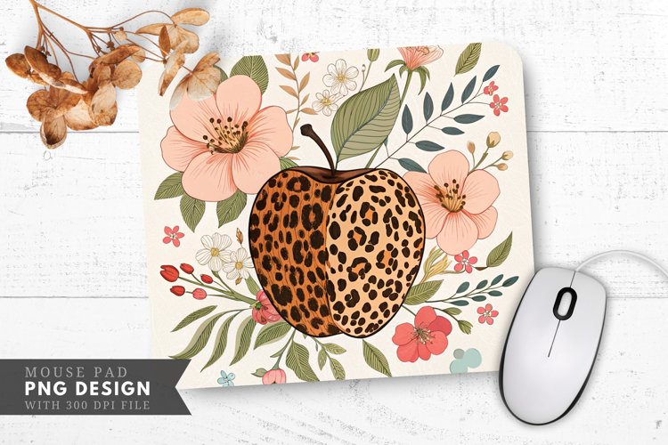 Leopard Print Apple with Floral Accents Mouse Pad PNG