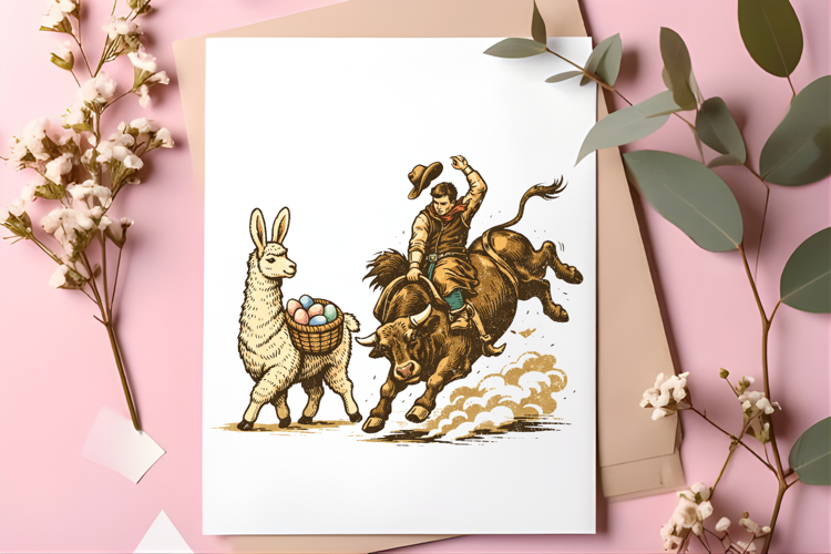 Funny Cowboy Bull Rider Chasing Easter Llama With Eggs