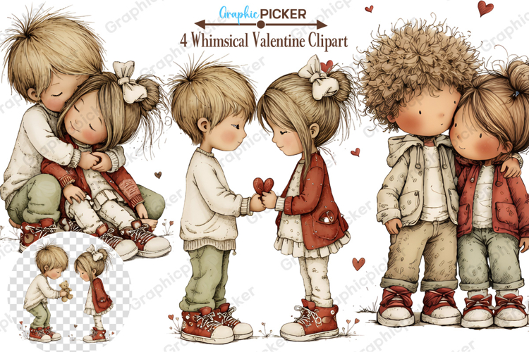 Whimsical Valentine Couple Clipart, Valentines Day PNG