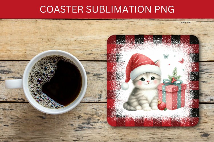square coaster - cat with wrapped christmas gift