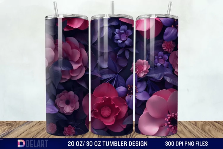 3D Fuchsia and Violet Flowers Tumbler Wrap