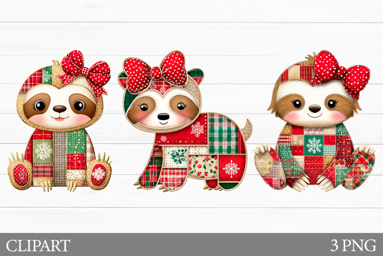 Christmas Sloth Clipart. Patchwork Christmas Clipart