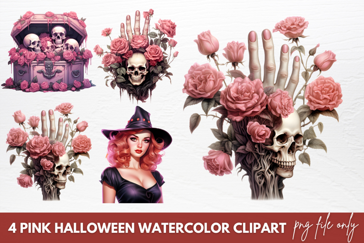 Pink Halloween Watercolor Clipart