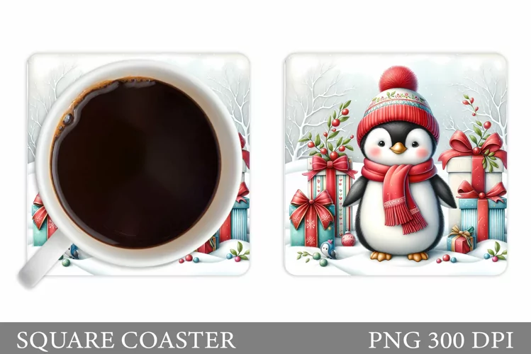 Cute Penguin Coaster Sublimation. Christmas Coaster Design