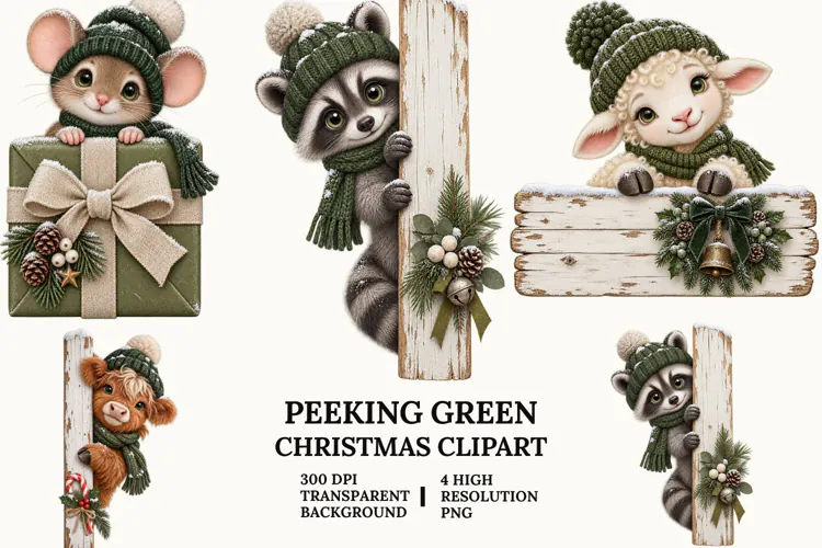 Peeking Christmas Clipart with Koala, Beaver and Angel PNG