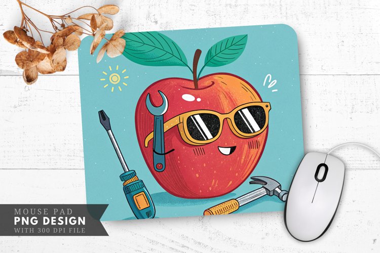 Trendy Apple with Sunglasses and Tools Mouse Pad PNG
