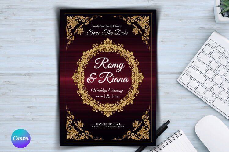 Luxury Royal Burgundy and Gold Wedding Invitation Template example image 1