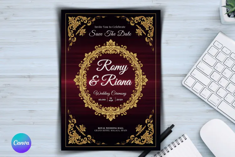 Luxury Royal Burgundy and Gold Wedding Invitation Template