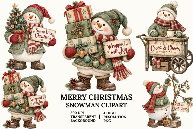 Merry Christmas Snowman Clipart with Pine, Tree and Lights example image 1