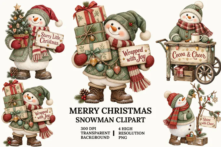 Merry Christmas Snowman Clipart with Pine, Tree and Lights