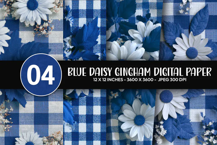 Blue Daisy Gingham Digital Paper