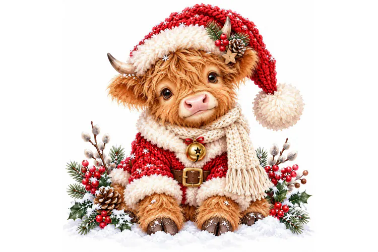 Christmas Highland Cow PNG, Watercolor Holiday Clipart