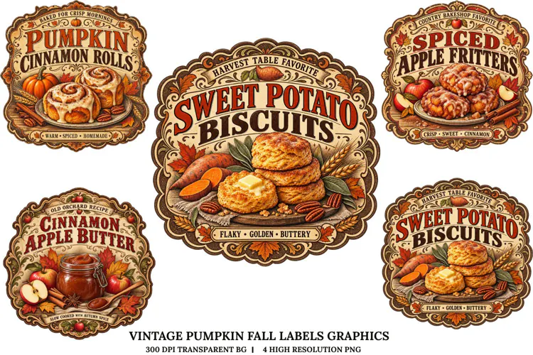 Vintage Pumpkin Fall Labels PNG Autumn Bakery Sublimation