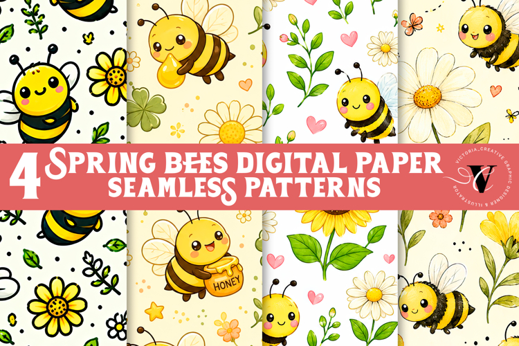 4 Spring Bees Digital Paper | Cute bee Seamless pattern