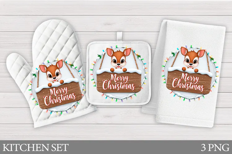 Christmas Deer Oven Mitt. Christmas Deer Kitchen Towel