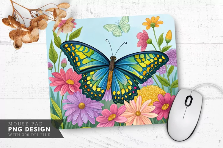 Vibrant Butterfly with Flowers Mouse Pad PNG Design