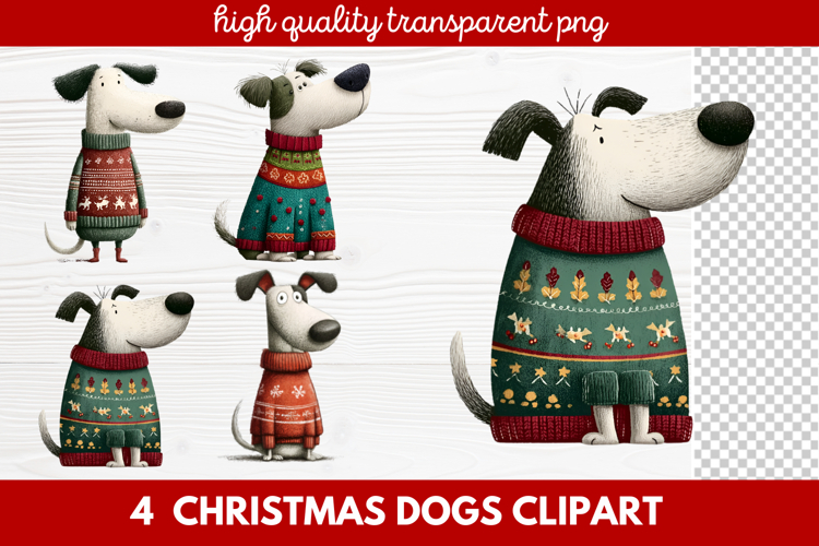 4 Christmas Dogs Clipart | Cute Holiday Puppy PNG Illustrati