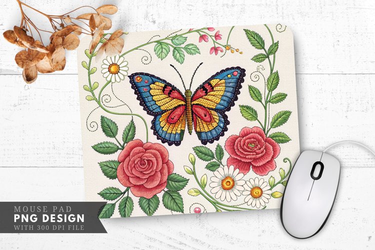 Butterfly Floral Cross Stitch Mouse Pad PNG Design