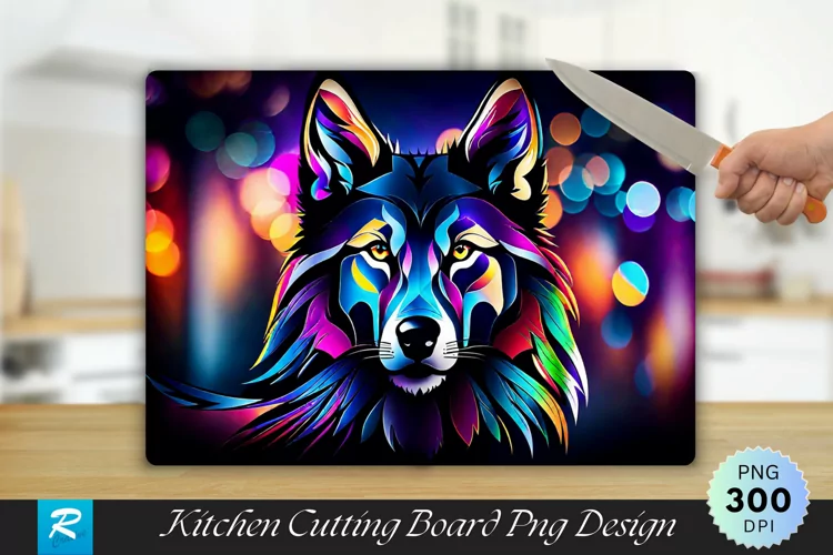 Colorful Wolf Cutting Board Sublimation Design
