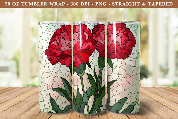 Stained Glass Carnation Flower Tumbler Wrap | 20 oz tumbler