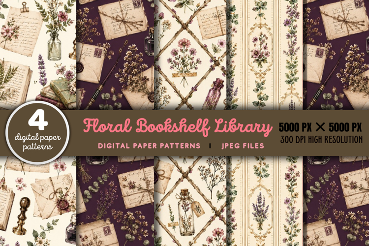 Floral Bookshelf Library Digital Pattern JPG