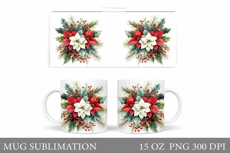 Poinsettia Mug Sublimation. Christmas Mug Wrap Design