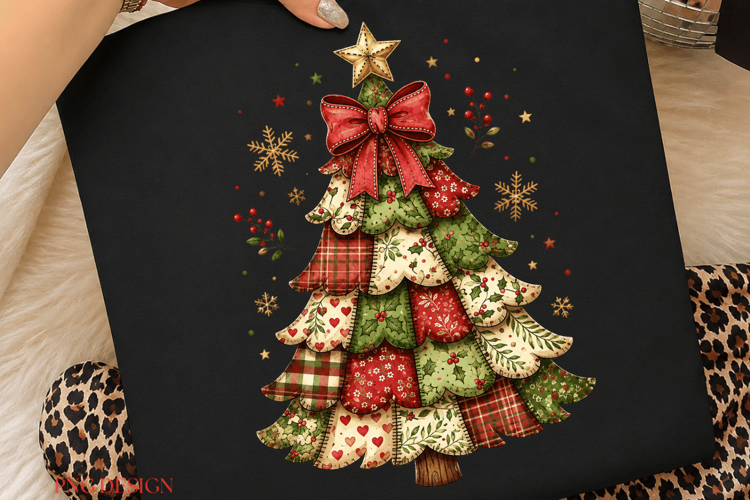 Patchwork Christmas Tree PNG, Vintage Christmas Tree png