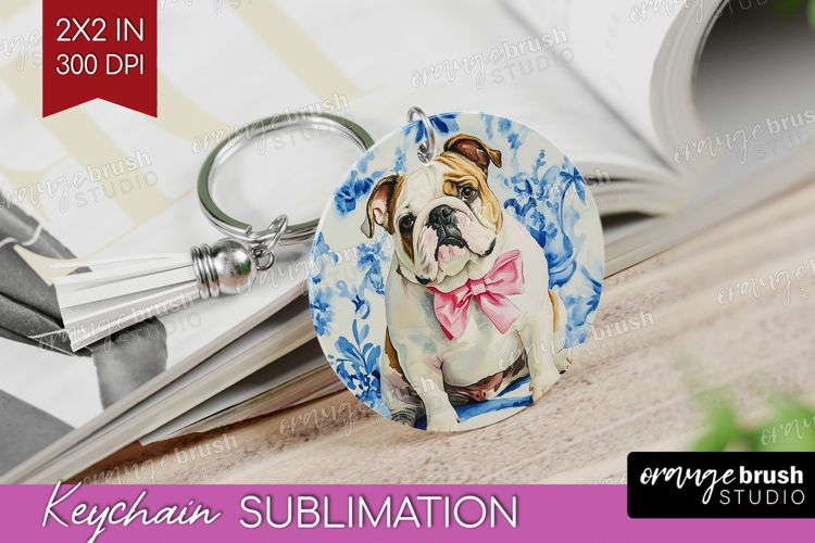 English Bulldog Dog Keychain PNG Floral Dog Keychain