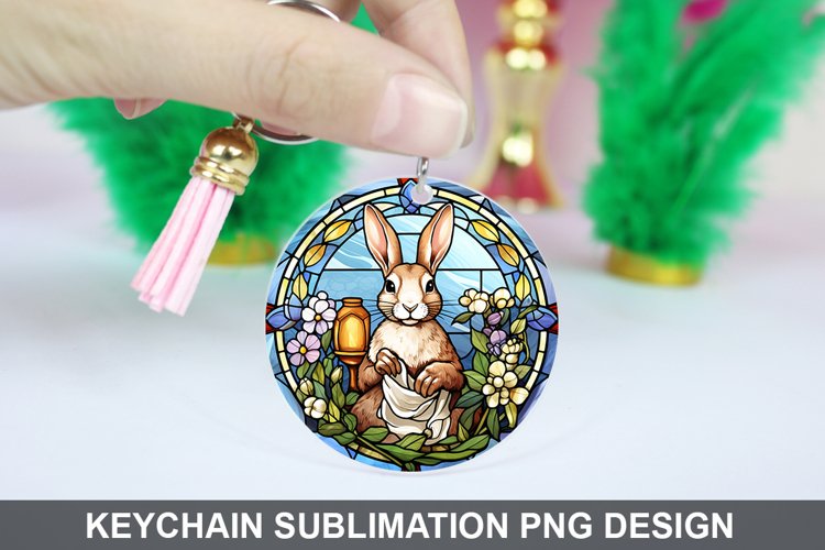 Bunny Round Keychain, Bunny Flowers Keychain Design