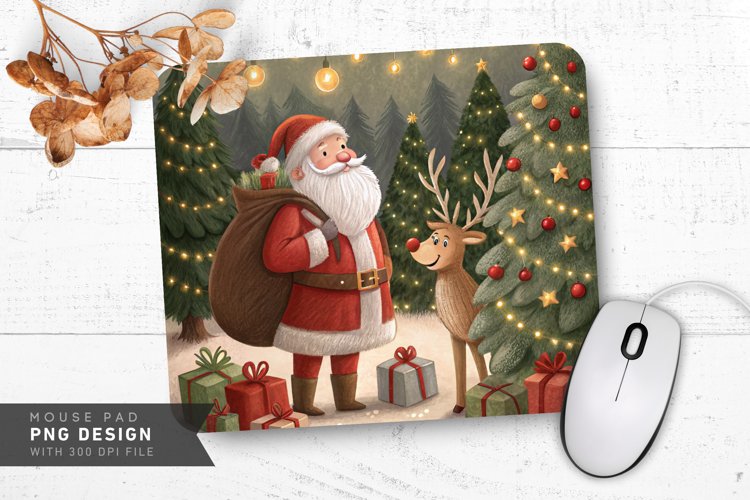 Santa and Reindeer with Bright Ornaments Mouse Pad PNG