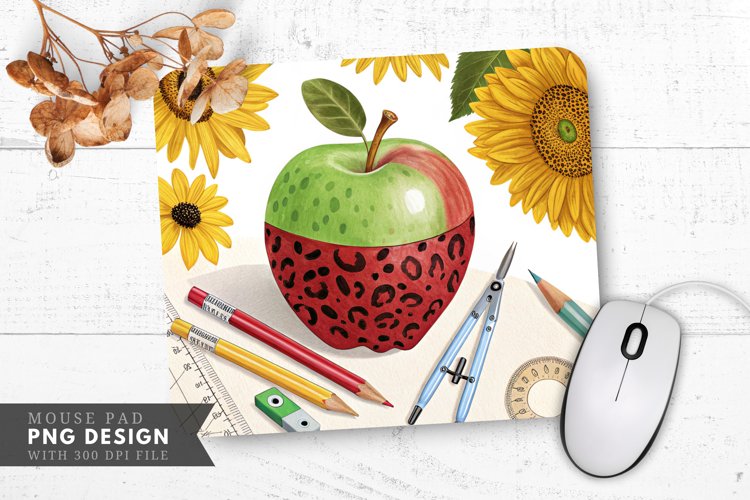 Leopard Spotted Apple with Sunflowers Mouse Pad PNG