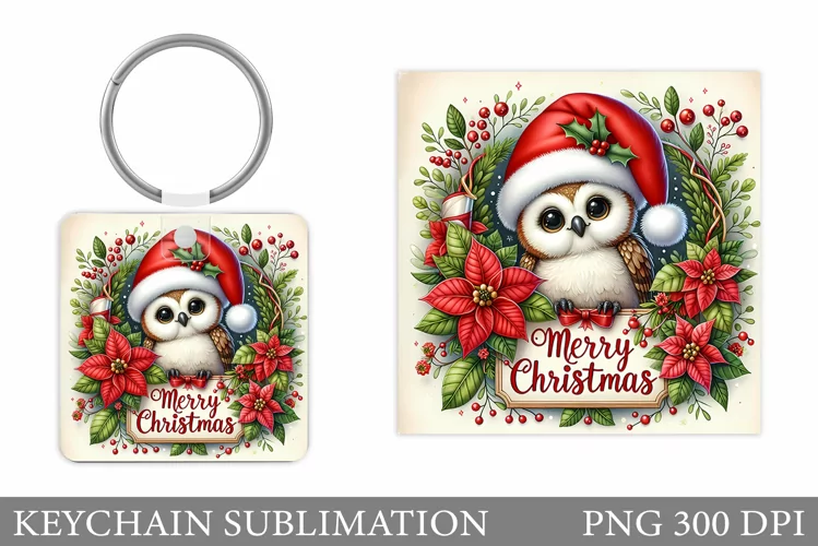 Christmas Owl Keychain. Christmas Keychain Sublimation