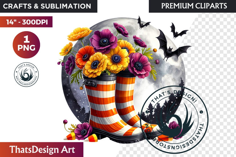 Halloween Floral Rain Boots - Cute Witchy Garden Clipart PNG