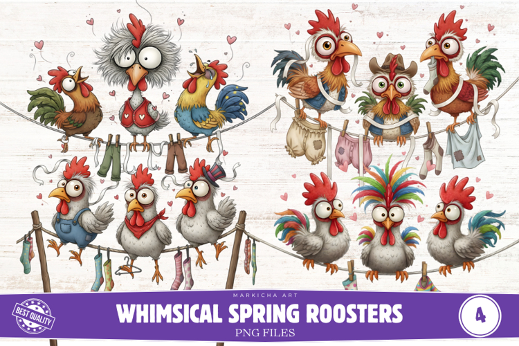 Whimsical Spring Roosters Clipart
