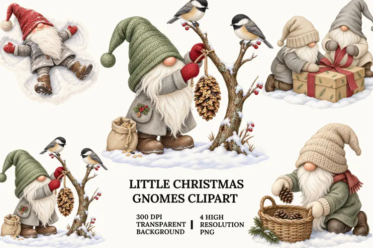 Little Christmas Gnome Clipart, Skiing, Bells and Snowman PN