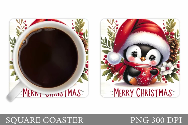 Cute Penguin Coaster Sublimation. Christmas Coaster Design