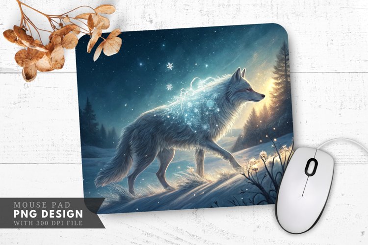 Moonlit Wolf in a Snowflake Field Peak Mouse Pad PNG Design