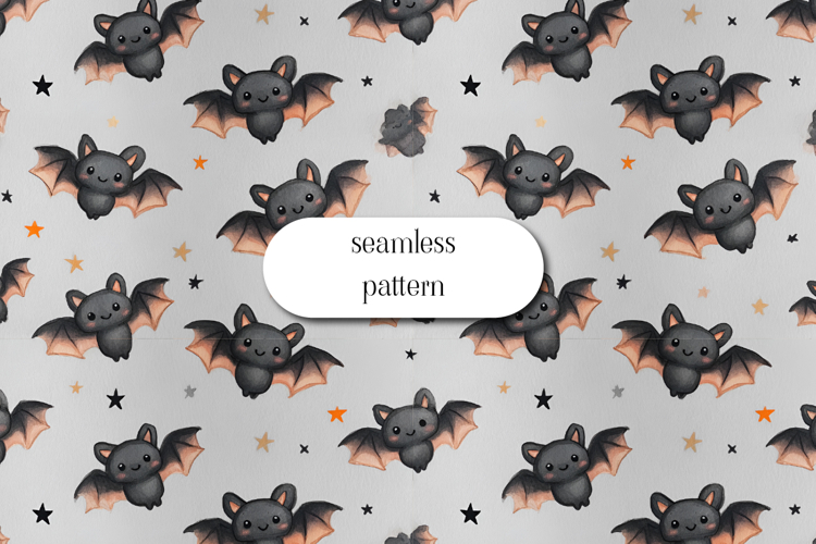 Cute Halloween Bat Seamless Pattern Watercolor Design example image 1