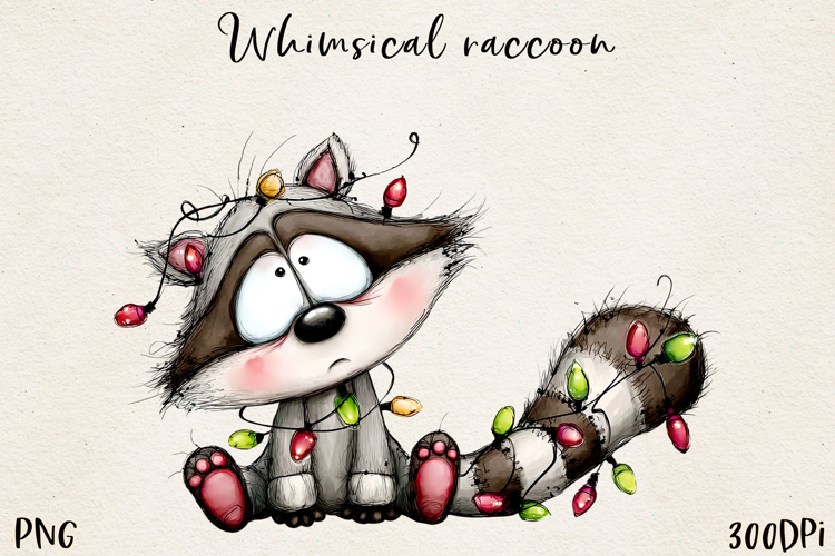 Whimsical Christmas Raccoon clipart, Sublimation PNG.