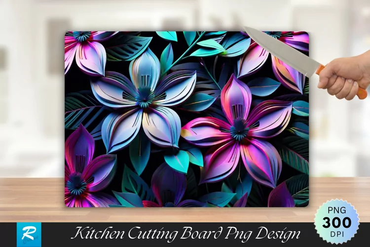3D Neon Floral Cutting Board Sublimation Design