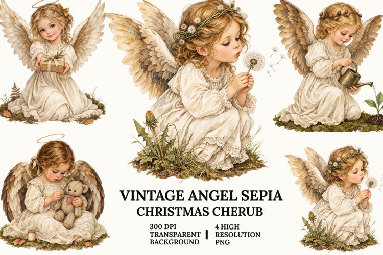Vintage Angel Clipart, Sepia Cherub with Cat and Flowers PNG example image 1