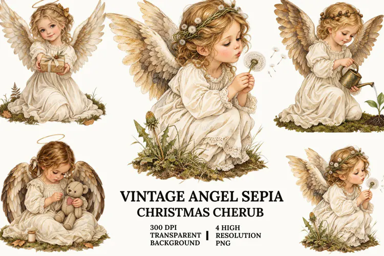 Vintage Angel Clipart, Sepia Cherub with Cat and Flowers PNG