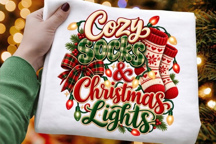 Cozy Socks & Christmas Lights Holiday Winter PNG Sublimation example image 1